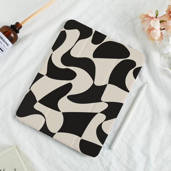Black-White Warped Check iPad Case for iPad Air 5 iPad 10 10.9" 2022 iPad Pro 12.9'' 2021 Pro 11" 2022 iPad Mini 6 Case, iPad Cover