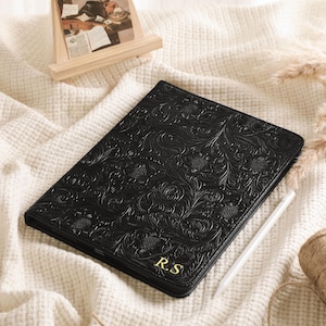 コールブラック エンボス加工 フローラル iPad ケース 2025 iPad Air 11インチ/13インチ iPad 11 2025 iPad Pro 13インチ 2025 Pro 11インチ 2024 iPad Mini 7 ケース、iPad カバー