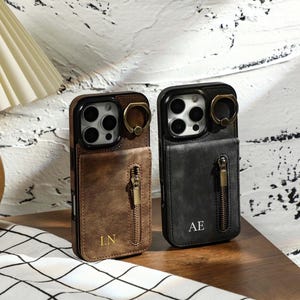 Gepersonaliseerde lederen iPhone-hoesje voor iPhone 16 15 14 13 12 11 Pro Max Plus Mini Case, custom initialen telefoonhoesje, telefoonhoesje met kaartsleuven