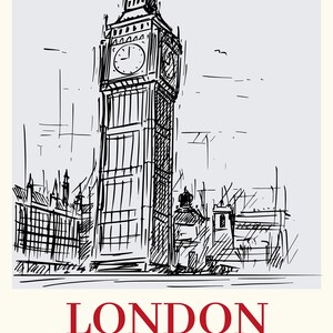 Puede incluir: Un boceto en blanco y negro de la icónica torre del reloj del Big Ben en Londres. La imagen incluye el texto "LONDON" en rojo, con "City of Rain" y "Since 43 d.C" debajo. Sobre un fondo crema.