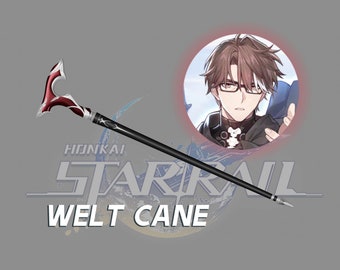 May include: A black and red cane with a silver design. The cane has a curved handle and a sharp point at the end. The text "Honkai Star Rail Welt Cane" is visible below the cane.