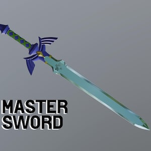 May include: A stylized Master Sword with a light blue blade and a hilt featuring blue, green, and gold accents. The sword has a distinctive winged design on the guard and the text "MASTER SWORD" is displayed.
