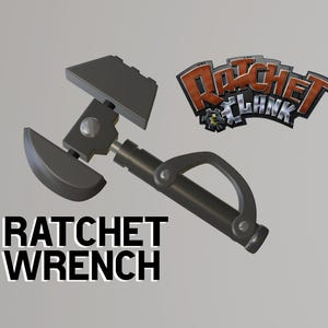 May include: A dark gray ratchet wrench with a handle and pivoting head. The text "RATCHET WRENCH" is below the wrench. The logo for "Ratchet & Clank" is in the upper right corner.