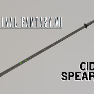 May include: A gray spear with a pointed tip, featuring a series of small green lights along its shaft. The text "FINAL FANTASY VII" and "CID SPEAR" are displayed in white. The spear is a video game prop.