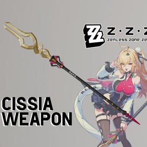 May include: An illustration featuring a character from Zenless Zone Zero holding a spear. The spear is black with gold accents and the text "N.E.P.S." The image also includes the text "CISSIA WEAPON" and the game's logo.