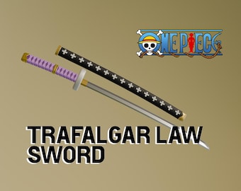 Op de afbeelding: Een Trafalgar Law-zwaard met een zilveren lemmet en een zwarte schede versierd met witte kruisen. De greep is gewikkeld in paars en goud. Het "One Piece"-logo staat rechtsboven en de tekst "Trafalgar Law Sword" staat onderaan.