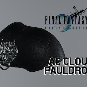 May include: Black pauldron with a silver wolf emblem and ring. The pauldron is textured and has the text "AC Cloud Pauldron" in white. The Final Fantasy VII Advent Children logo is in the background.
