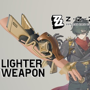 Op de afbeelding: Een gouden en zwart futuristisch wapen met de tekst "LIGHTER WEAPON" en het logo "Z.Z.Z. zenless zone zero" op de achtergrond.