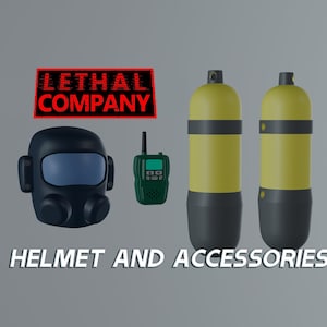 May include: A black helmet with a clear visor and two black air filters, a green walkie-talkie, and two yellow and black scuba tanks. The text "LETHAL COMPANY" is in red on a black background. The text "HELMET AND ACCESSORIES" is in black on a white background.