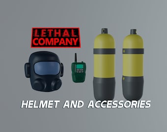 May include: A black helmet with a clear visor and two black air filters, a green walkie-talkie, and two yellow and black scuba tanks. The text "LETHAL COMPANY" is in red on a black background. The text "HELMET AND ACCESSORIES" is in black on a white background.