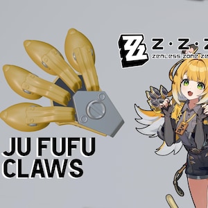 May include: A stylized image featuring a set of yellow Ju Fufu Claws, a fictional weapon. The claws are attached to a gray metal base. The image also includes a cartoon character with yellow hair and green eyes.