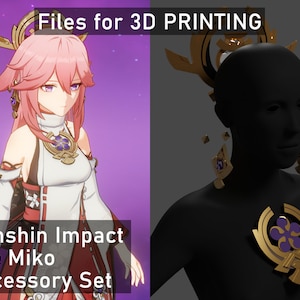 Pode incluir: Arquivos imprimíveis em 3D para um conjunto de acessórios Yae Miko de Genshin Impact. O conjunto inclui uma tiara, brincos e uma peça para o peito. A tiara é uma coroa dourada e roxa com um design floral. Os brincos são dourados e roxos com um design floral. A peça para o peito é um design floral dourado e roxo.