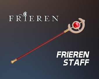 May include: A white and gold staff with a red gem in the top. The staff has a crescent moon design and the text "FRIEREN STAFF" is printed below the staff.