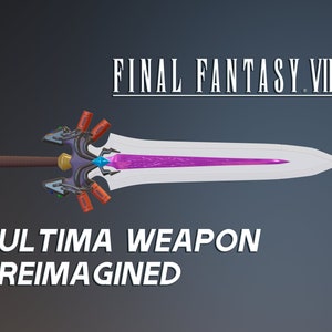 May include: A white and purple sword with a black handle and red and blue accents. The sword is labeled "ULTIMA WEAPON REIMAGINED" and "FINAL FANTASY VII".