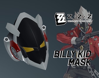 May include: A black and white mask with red and yellow accents. The mask is shaped like a helmet and has a sharp, angular design. The text "BILLY KID MASK" is written below the mask.