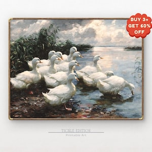 White Ducks Digital Print – Vintage Farm Animal Wall Art, Farmhouse Lake Decor, Countryside Printable, Duck Lover Gift Download