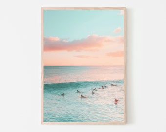 Arte de parede de surf ao pôr do sol, decoração de casa de praia costeira, impressão de ondas do mar, fotografia de surf, paisagem náutica, decoração de pôr do sol na praia, arte de prancha de surf