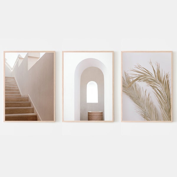 Minimal Beige 3-Piece Wall Art, Stairs Palm Leaf Window, Modern Neutral Decor, Contemporary DIY Prints