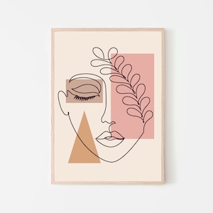 Art mural abstrait du visage, impression de portrait contemporain moderne, œuvre d’art surréaliste unique, décor minimaliste coloré
