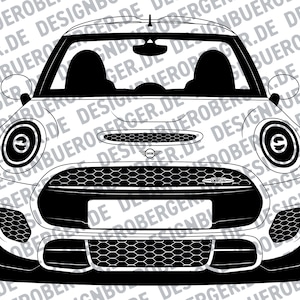 Könnte beinhalten: Eine schwarz-weiße Silhouette eines Mini Cooper Autos. Das Auto hat einen schwarzen Kühlergrill mit einem Wabenmuster und eine schwarze Stoßstange. Das Auto hat ein schwarzes Dach und schwarze Räder. Das Auto hat einen schwarzen Rückspiegel und ein schwarzes Nummernschild.