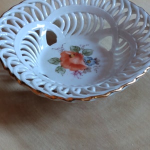 Porcelain Trinket Dish Vintage Romania Fine Porcelain Sumi Artist Signed Handpainted Reticulated Trinket Dish
