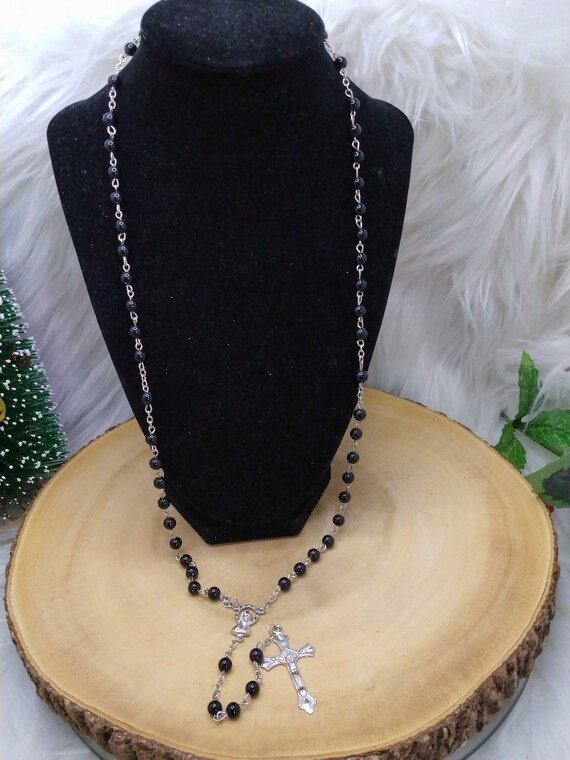 アクセサリー Vintage Black Rosary Necklace Glass Rosary Necklace Vintage Black Glass Beads Rosary