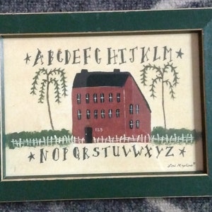 Volkskunst Wandkunst Vintage Green Distressed Farbe Holz gerahmt Kunst signiert Lori Maphies