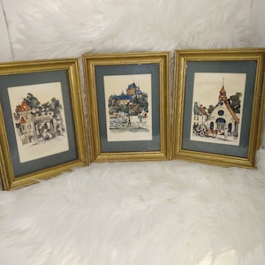 Watercolor Wall Art Vintage Set of 3 Watercolor and Ink Framed Artwork. 1970's Images of Quebec Canada