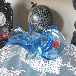Rare Czechoslovakian Blown Glass Crystal Mid Century 1960&#39;s Vintage Art Glass Blue and Clear Ruffled Bowl by Josef Hospodka Chribsha Glass