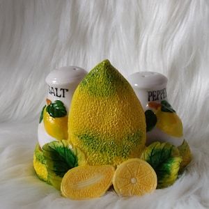 Salt Pepper Shakers Vintage 1980&#39;s lemon Salt and Pepper Shakers with Lemon Stand Lemon Design Salt and Pepper Shakers