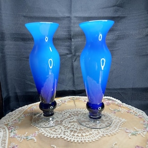 Cobalt Blue Cased Glass Stemmed Bud Vase set of 2 Blue and White Bud Vase