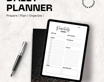May include: A black and white digital daily planner on a tablet screen. The planner includes sections for wake time, schedule, today's mantra, top priorities, to-do list, memo, and daily reflection.