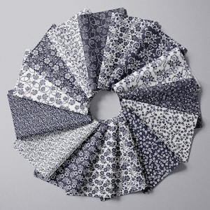Navy Blue and White Floral Fat Quarter Bundle Quilt Fabric Tone on Tone Teal Cotton Quilt Shop Quality Blue Tonal  Combo Pack Fabric
