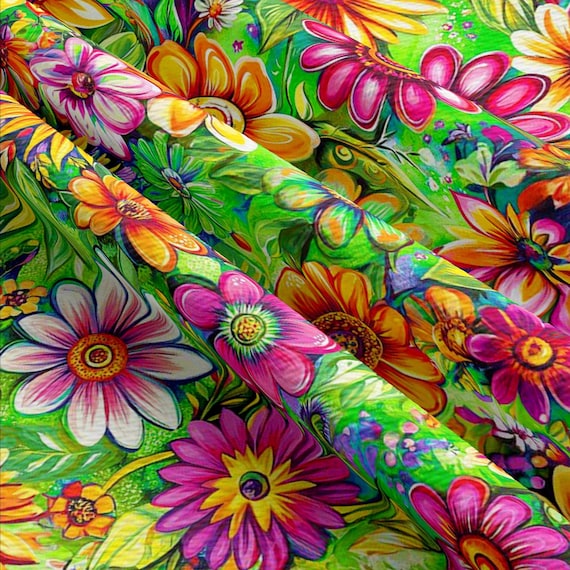 Lime Green Background Bright Flower MultiColor Combed Cotton Digital Print Floral Quilting Fabric by the Half Yard Daisy Sunflower Summer 8