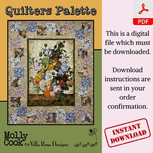 Op de afbeelding: Digitaal downloadpatroon Quilters Palette met een bloemenboeket in een vaas, omringd door een patchworkrand. Het patroon is beschikbaar voor directe download. De tekst "Molly Cook voor Villa Rosa Designs" staat onderaan de afbeelding.