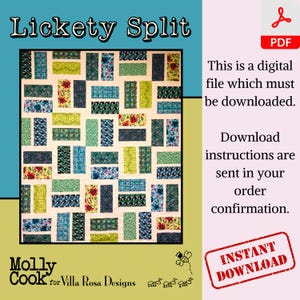Op de afbeelding: Een digitaal downloadpatroon voor een quilt genaamd "Lickety Split" met een patchwork-ontwerp in verschillende kleuren en patronen. De quilt is gemaakt van rechthoekige blokken in tinten blauw, groen, geel en rood. Het patroon is van Molly Cook voor Villa Rosa Designs.