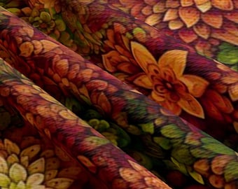 May include: A fabric featuring a dense, repeating floral pattern in shades of deep burgundy, burnt orange, golden yellow, and olive green. The textile displays a soft, folded texture with intricate, layered petal designs throughout the surface.