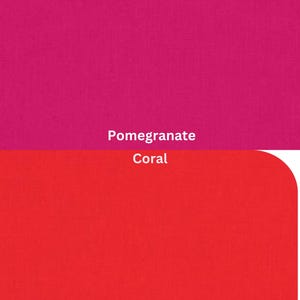 Kona Cotton Solids by Robert Kaufman Pomegranate, Coral. Each color is labeled with its name, providing a visual guide to pink color tones.