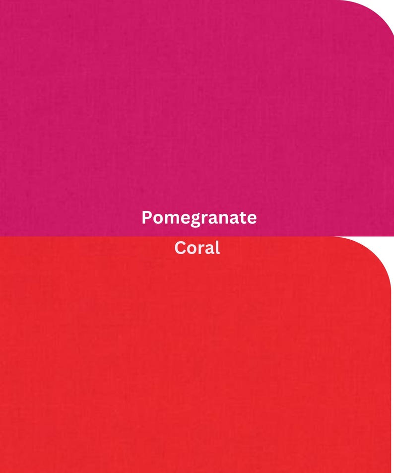 Kona Cotton Solids by Robert Kaufman Pomegranate, Coral. Each color is labeled with its name, providing a visual guide to pink color tones.