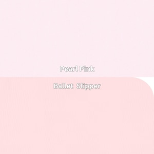 Kona Cotton Solids by Robert Kaufman Pearl Pink, Ballet Slipper. Each color is labeled with its name, providing a visual guide to pink color tones.