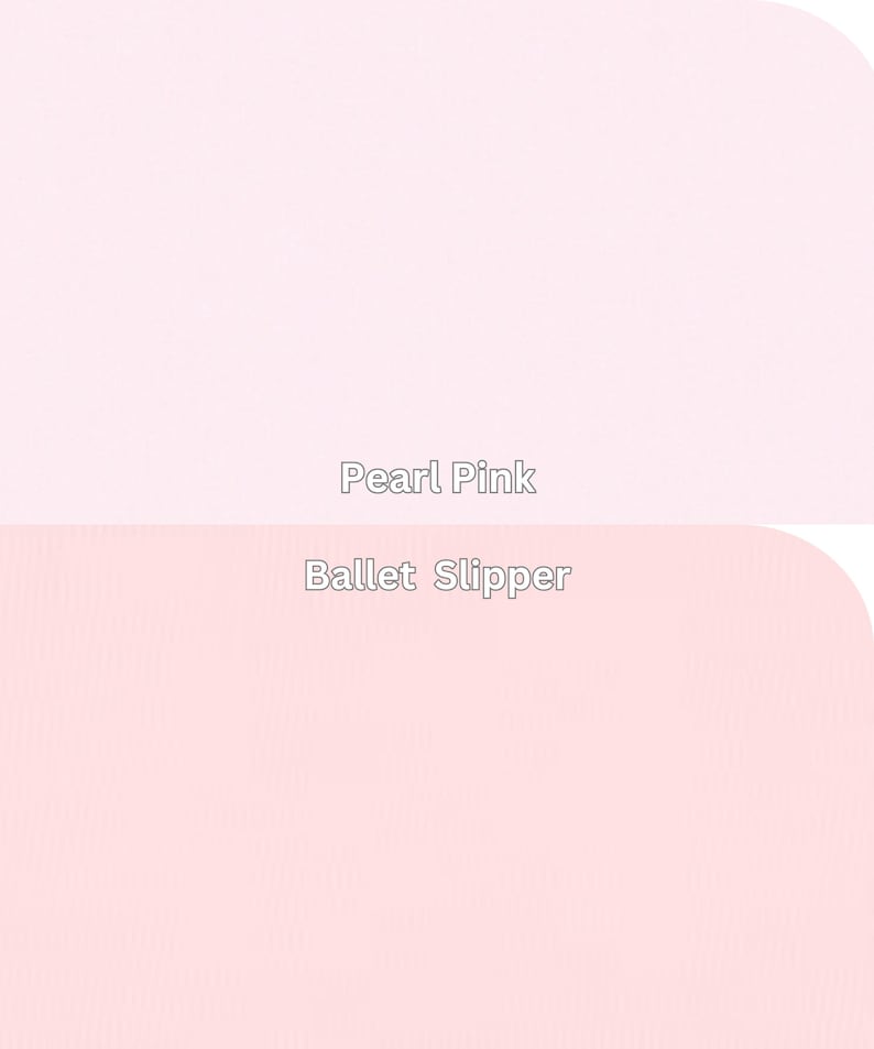 Kona Cotton Solids by Robert Kaufman Pearl Pink, Ballet Slipper. Each color is labeled with its name, providing a visual guide to pink color tones.