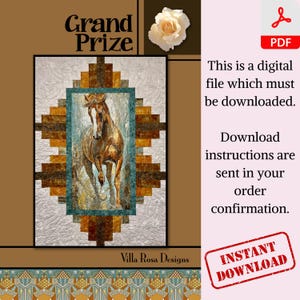 May include: A digital download pattern for a quilt featuring a horse in a southwestern style design. The quilt is made up of squares with a variety of colors and textures. The title "Grand Prize" is at the top of the image.