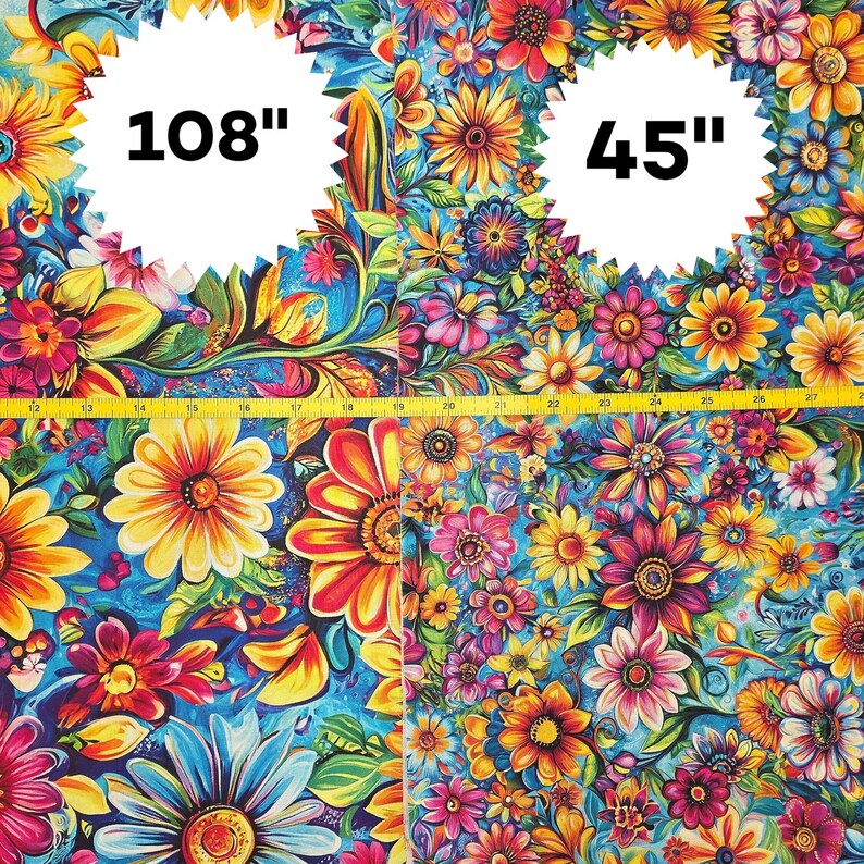 May include: Fabric featuring a vibrant floral pattern with yellow, orange, pink, and blue flowers on a blue background. A yellow measuring tape is visible across the center, and white circular labels indicate widths of 108 inches and 45 inches.