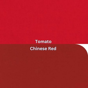 May include: A colour palette showing two shades of red. The top section is a vibrant tomato red, and the bottom is a deeper Chinese red. The text "Tomato" and "Chinese Red" are displayed in white.