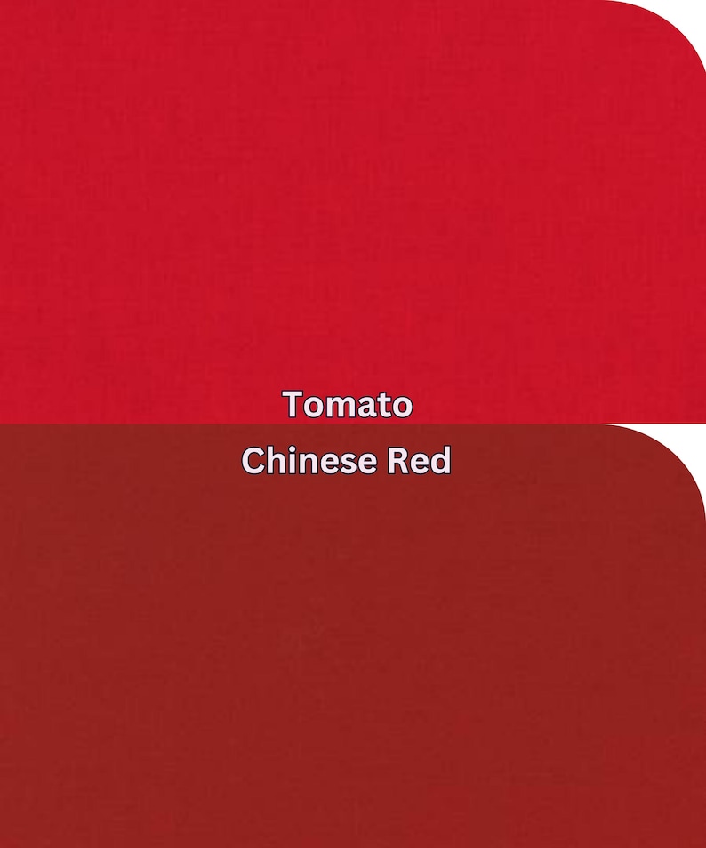 May include: A colour palette showing two shades of red. The top section is a vibrant tomato red, and the bottom is a deeper Chinese red. The text "Tomato" and "Chinese Red" are displayed in white.