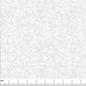May include: A white fabric featuring a repeating pattern of light gray leaves and stems. A ruler is visible at the bottom edge, showing a scale in inches from 0 to 9, indicating the fabric texture and the density of the botanical print design.
