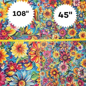 May include: Fabric featuring a vibrant floral pattern with yellow, orange, pink, and blue flowers on a blue background. A yellow measuring tape is visible across the center, and white circular labels indicate widths of 108 inches and 45 inches.
