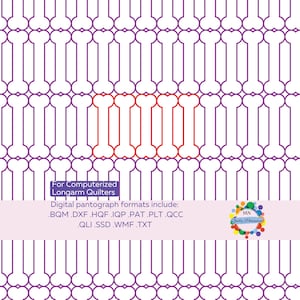May include: A digital quilting pattern with a repeating bone-shaped design in purple, and a central row in red. The text "For Computerized Longarm Quilters" and a list of digital formats are included.