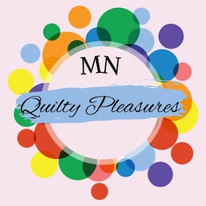 May include: A colorful circle design with the letters "MN" in the center and the text "Quilty Pleasures" on a blue brushstroke.