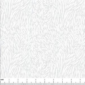 May include: A white fabric featuring a repeating pattern of light gray, elongated, curved, leaf-like shapes arranged in a dense, flowing design. A ruler at the bottom shows a scale of 9 inches, indicating the size of the textile pattern.
